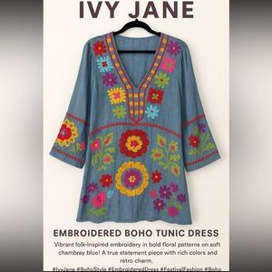 Ivy Jane Blue Embroidered Tunic Top Dress XS Boho Festival Coastal Grandma